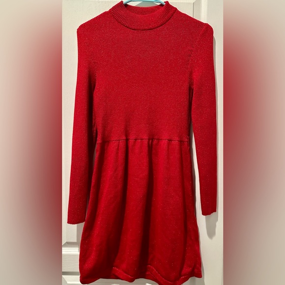 Free People Long Sleeve French Girl Ribbed Knit Mock Neck Mini Dress Sparkle Red - Picture 2 of 11